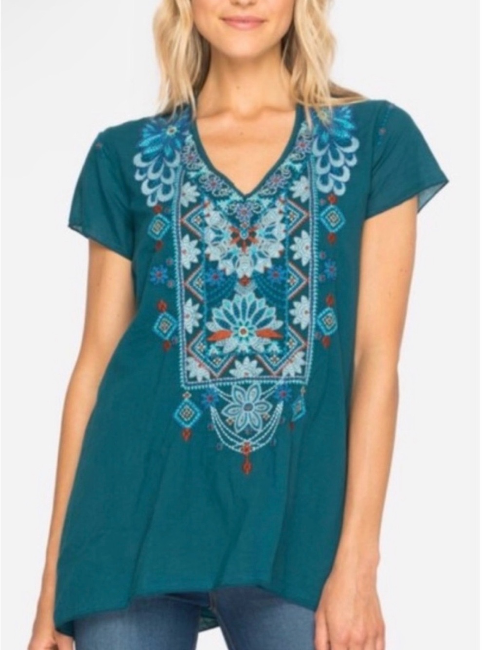 JOHNNY WAS Kikki Green Embroidered Drape Top Resortwear Beach Boho Whimsy Sz S